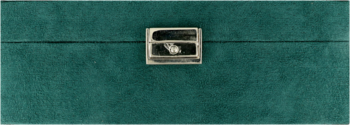 Elegant dark teal jewelry box with a textured finish, featuring a prominent silver rectangular clasp centered on the lid.