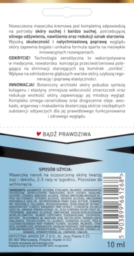 Tył saszetki kremowej maski do twarzy w białym i niebieskim kolorze z tekstem po polsku i kodem kreskowym.