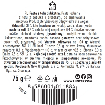 Widok z góry na okrągłą etykietę pasty Lunter z tofu i cebulką, wegańska, 75g. Skład i wartości odżywcze.