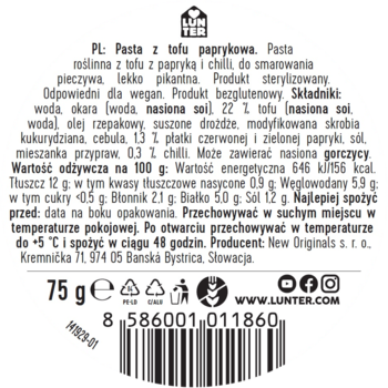 Tył okrągłego, białego opakowania wegańskiej pasty Lunter z tofu paprykową 75g, z listą składników i kodem.