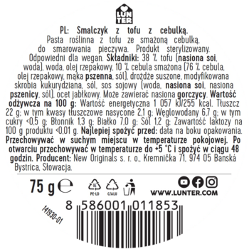 Okrągła etykieta wegańskiej pasty Smalczyk z tofu z cebulką 75g. Widoczne składniki, wartości odżywcze i kod kreskowy.