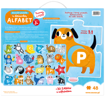 Edukacyjne puzzle ALFABET z wesołymi zwierzętami, 48 elementów, kolorowe pudełko widziane z przodu.