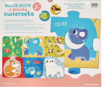 Tył opakowania edukacyjnych puzzli Duuuże puzzle z dziurką zwierzęta. Widać kolorowe obrazki zwierząt i dużą niebieską układankę.