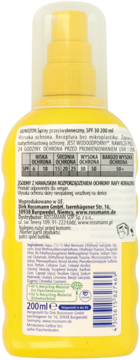 Żółty spray przeciwsłoneczny SUNOZON SPF 30, 200 ml, tył opakowania z pełnym opisem produktu i składem.