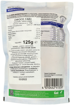 Białe opakowanie suszonych owoców kaki 125g, widok z tyłu, z polskim opisem i zieloną etykietą.