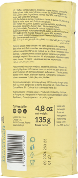 Tył żółtego opakowania bezglutenowych wafli Qlestello, z widocznymi informacjami o składnikach i masie 135g.