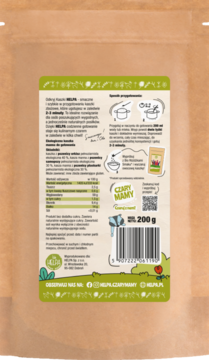 Tył brązowego opakowania kaszki Czary Mamy BIO manna dawnych zbóż z etykietą, widoczne wartości odżywcze i składniki.