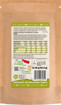 Tył brązowego opakowania Bio owocowych różdżek smaku Helpa, liofilizowanych owoców bez cukru, z tabelą wartości odżywczych.