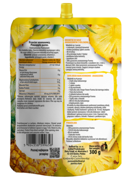 Tył żółtego opakowania przecieru ananasowego 300g z listą składników i wartością odżywczą, widoczne plastry ananasa.