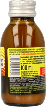 Napój owocowy 100ml, brązowa butelka z srebrną zakrętką, tył z żółtą etykietą i kodem kreskowym.