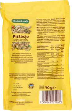Żółte opakowanie Bakalland, tył, prażone i solone pistacje, 70g, tekst o wartościach odżywczych.