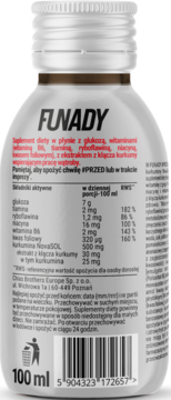 Tył białej butelki suplementu Funady z kurkumą na wątrobę. Widoczna etykieta z tabelą składników aktywnych.