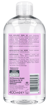 Tył przezroczystej butelki ISANA Płyn Micelarny 3w1 400ml, z fioletową etykietą i opisem produktu.