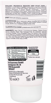 Tył opakowania Isana delikatny krem myjący z morelą, widoczne składniki, instrukcje i informacje o recyklingu.
