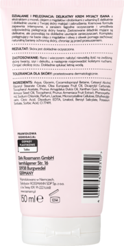 Tył różowej tuby Isana Delikatny Krem Myjący z moreli, migdałów i witaminą E, polskie napisy, barcode.