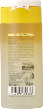 Tył butelki Alterra 100 ml dwufazowego płynu do demakijażu, żółta zakrętka, widoczne składniki i barcode.