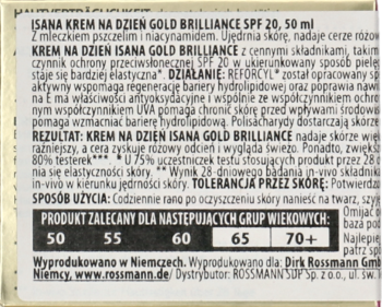 Tył kartonu kremu Isana Gold Brilliance SPF 20 z opisem produktu i wyróżnionymi grupami wiekowymi.