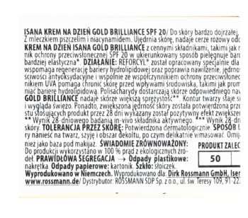 Etykieta kremu Isana Gold Brilliance SPF 20. Tył opakowania z tekstem o składnikach i działaniu REFORCYL.