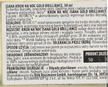 Tył opakowania kremu Isana Gold Brilliance 50ml, z polskim opisem, składnikami i sposobem użycia.