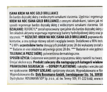 Isana Krem na Noc Gold Brilliance, zbliżenie na tylną etykietę z polskim opisem i składnikami.