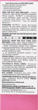Tył opakowania Isana Krem pod oczy GOLD BRILLIANCE z polskim opisem, informacjami o składnikach i grupach wiekowych.