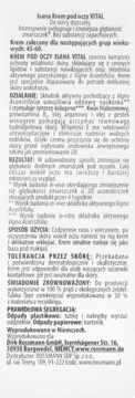 Isana Krem pod oczy VITAL: polska etykieta produktu z opisem składu, działania i efektów dla skóry dojrzałej.