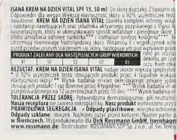 Bliskie ujęcie tylnej etykiety kremu Isana Vital SPF 15 do skóry dojrzałej, z widocznym składem i grupami wiekowymi.