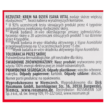 Tył opakowania Isana krem na dzień SPF15 Vital, z szczegółowym opisem działania, tolerancji i segregacji.
