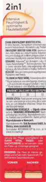 Etykieta ISANA Vital 2in1 Booster: intensywne nawilżenie, elastyczność skóry. Widok opakowania z tekstem PL/DE.
