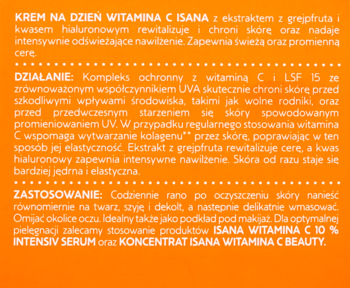 Tekst informacyjny o kremie Isana Witamina C na dzień SPF 15 z grejpfrutem i kwasem hialuronowym. Białe litery na pomarańczowym tle.