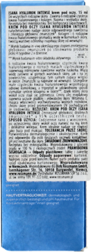 Tył niebieskiego opakowania kremu pod oczy Isana Hyaluron Intense 15ml z polskim i niemieckim tekstem.