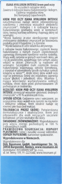 Tył opakowania kremu pod oczy ISANA HYALURON INTENSE, białe tło, opis składu z kwasem hialuronowym.
