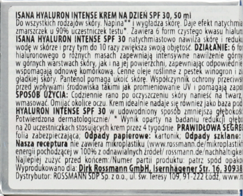 Tył opakowania kremu Isana Hyaluron Intense SPF 30, z widocznym opisem działania, składem i sposobem użycia.