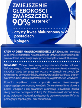 Tył opakowania ISANA Hyaluron Intense krem na dzień SPF 30. Opis redukcji zmarszczek i składników.