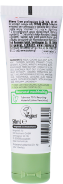 Tył białej tubki Alterra Krem peelingujący ALGA BIO 50 ml, widoczny skład, certyfikat Vegan i info o recyklingu.