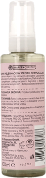 Tył butelki Isana Olejek oczyszczający do demakijażu 100ml, różowa etykieta z polskim tekstem i składnikami.