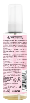 Tylna strona butelki Isana Olejek pielęgnacyjny do demakijażu 100ml, różowa etykieta z polskim tekstem i składnikami.