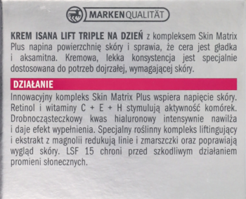 Tył kartonowego opakowania kremu Isana Lift Triple Na Dzień. Widoczny opis składników i działania, LSF 15.