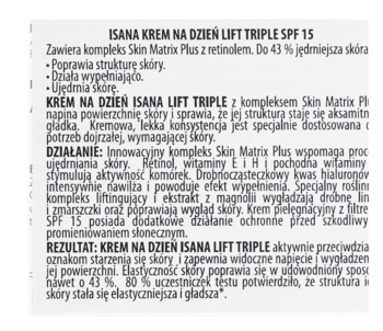 Isana Lift Triple krem na dzień SPF 15. Zbliżenie na ulotkę opisującą działanie przeciwstarzeniowe i wygładzające.