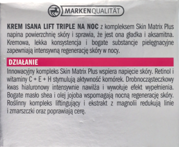 Tylne opakowanie kremu Isana Lift Triple na noc z opisem działania i składników, białe tło.