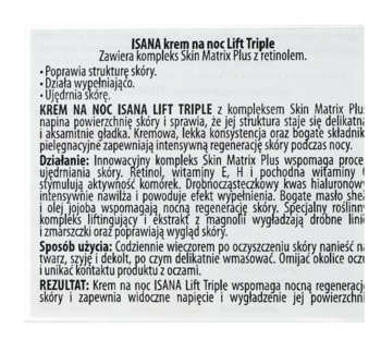 Opis ISANA krem na noc Lift Triple, tekst z informacjami o składnikach, działaniu i stosowaniu.