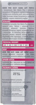 Tył opakowania kremu pod oczy Isana Lift Triple, szaro-różowe, z polskimi instrukcjami i datą ważności.