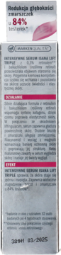 Tył opakowania serum Isana Lift Triple z retinolem i bakuchiolem, redukcja zmarszczek 84%.