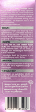 Tył fioletowego opakowania kremu pod oczy Isana Pro-Kollagen Energy z opisem, kodem kreskowym i ikoną drzewa.