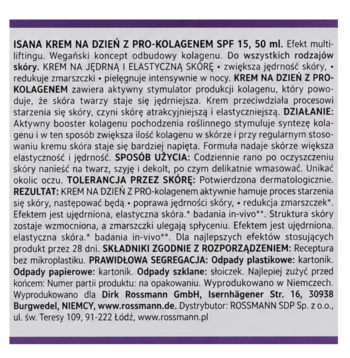 Isana Pro-Kollagen krem na dzień SPF15. Czarna etykieta z białym tekstem, szczegółowy opis produktu.