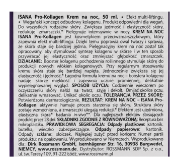 Tył opakowania Isana Pro-Kollagen krem na noc 50ml, fioletowa etykieta z białym tekstem i opisem produktu.