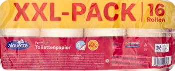 Papier toaletowy Alouette XXL-PACK, 16 sztuk, 4-warstwowy, w żółto-czerwonym opakowaniu. Widok z przodu.
