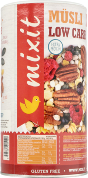 Mixit Müsli Low Carb, biała puszka z czerwonym logo, widoczne maliny, orzechy, napis Gluten Free.