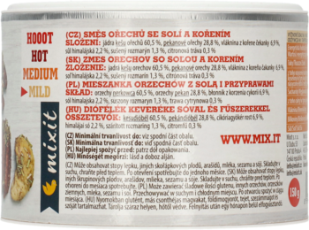 Boczny widok puszki mixit "Mieszanka orzechów z solą i przyprawami", widoczne poziomy ostrości i skład.