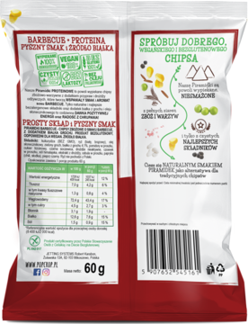 Tył opakowania wegańskich chipsów Piramidki Proteinowe Barbecue, 60g, z widoczną tabelą wartości odżywczych.